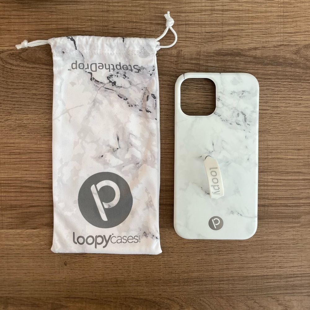 Loopy iPhone 12/12 Pro (6.1” screen) Case. White Marble. Righty.